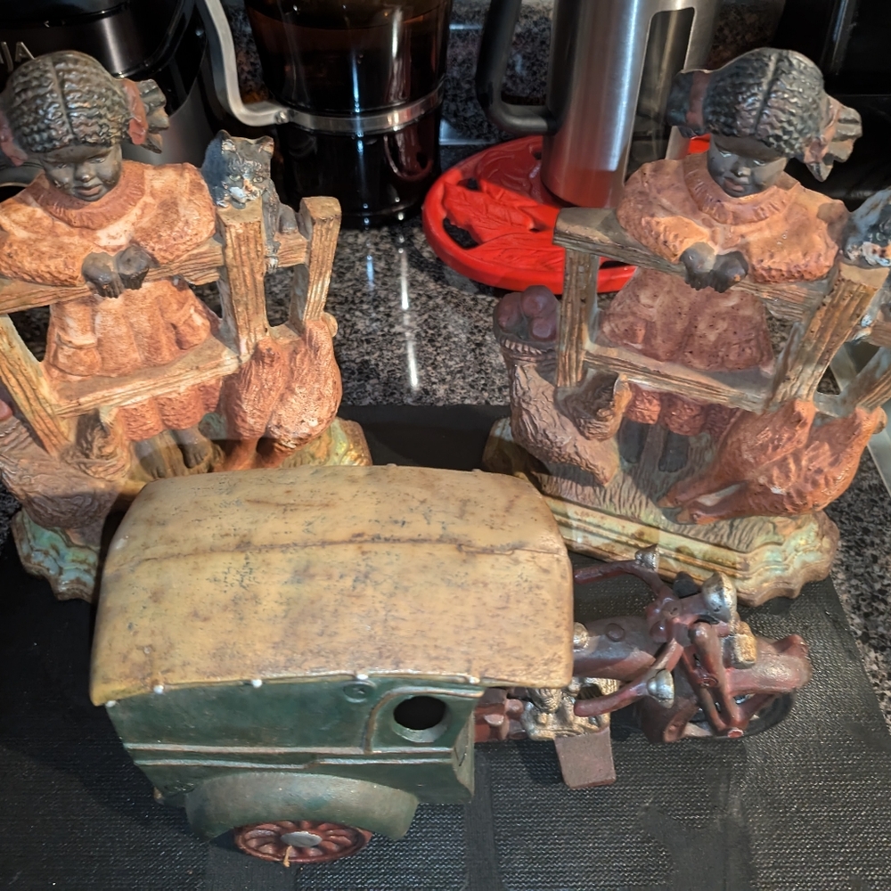 2 Vintage African American Girl and carriage all cast Iron/ Door stops